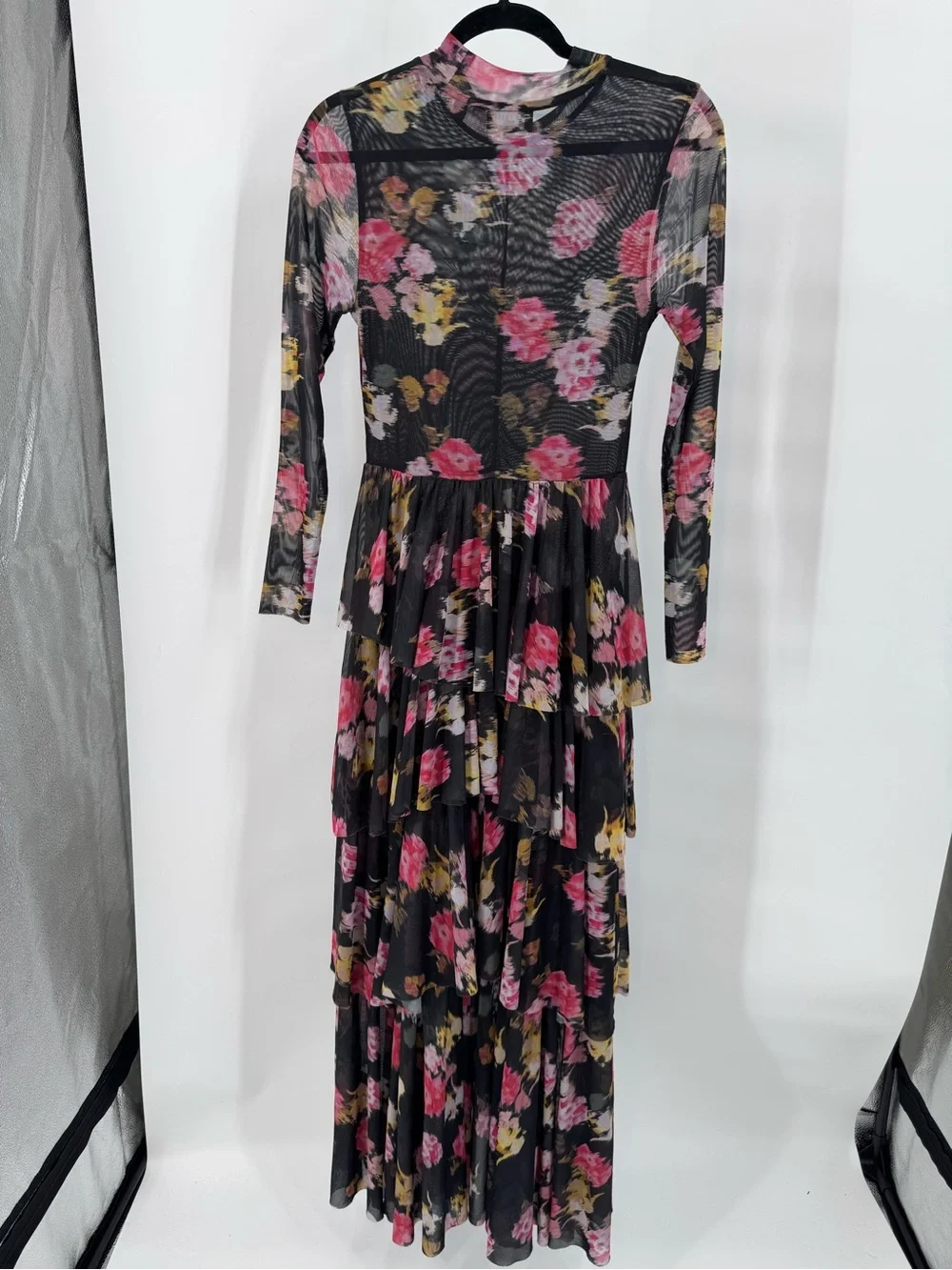 Ted Baker Sheer Floral Tiered Long-Sleeve Midi Dress in Black and Pink